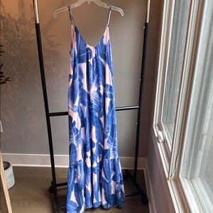 Blue and Pink Leaf Print Maxi Dress